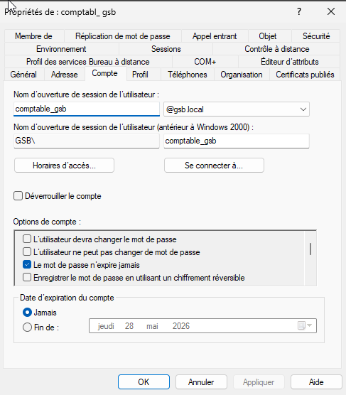 Propriétés d'un compte utilisateur