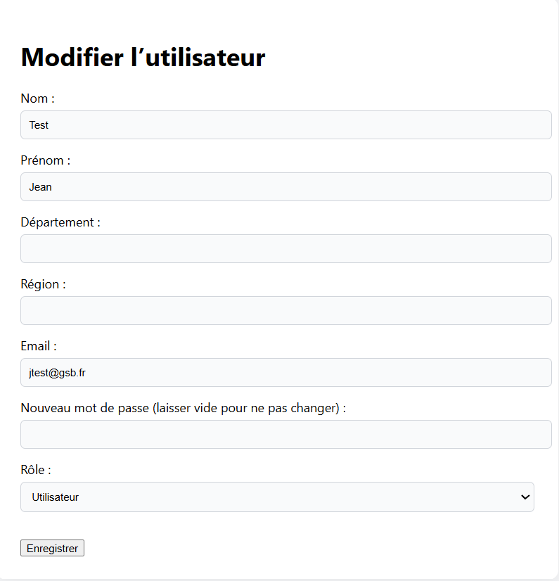 Interface de modification d'un utilisateur
