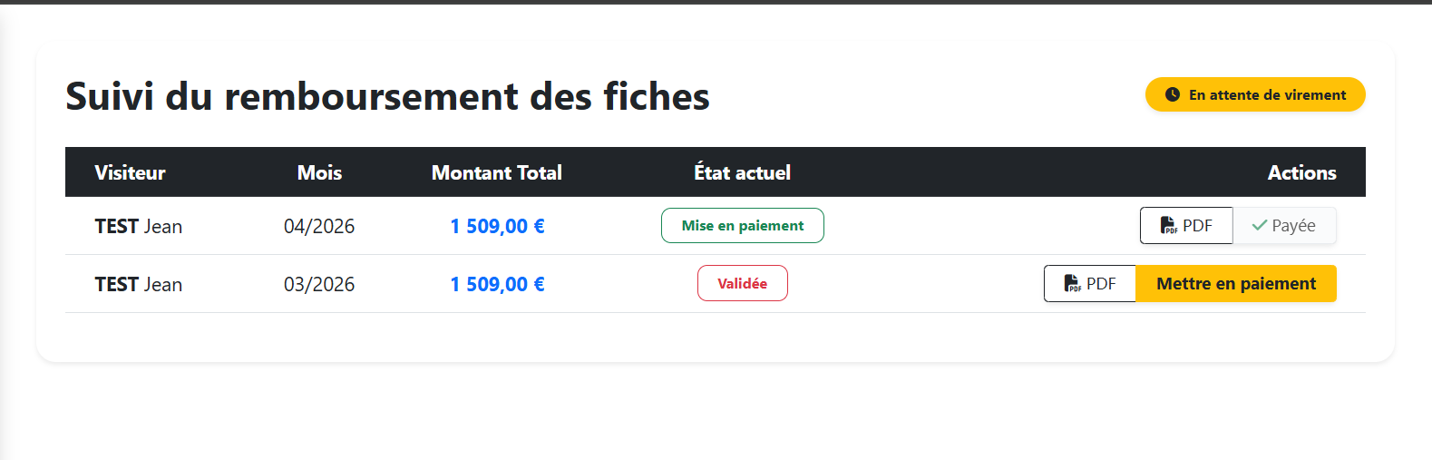 Interface de suivi des remboursements