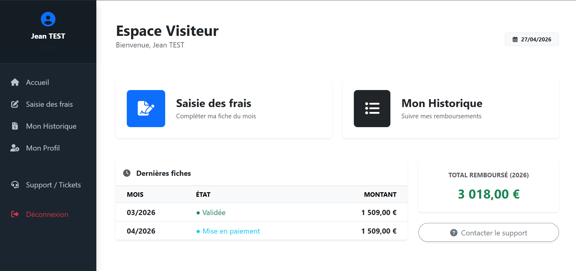 Page d'accueil de l'application
